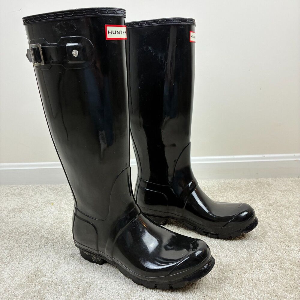 Hunter Women's Original Tall Gloss Rain Boots Black Knee High Waterproof Sz 6
